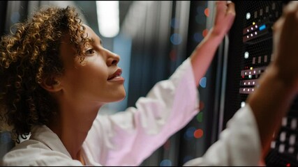 Poster - Engineer works on server equipment in modern data center during early evening shift