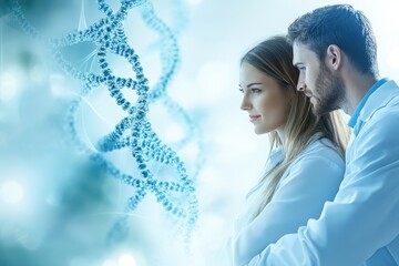 Poster - Scientists exploring DNA research in a laboratory setting during the evening hours