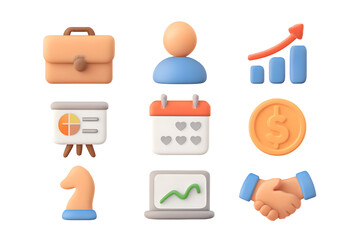 Poster - Cartoon business icons showing growth, strategy, and collaboration on a black background, for design usage