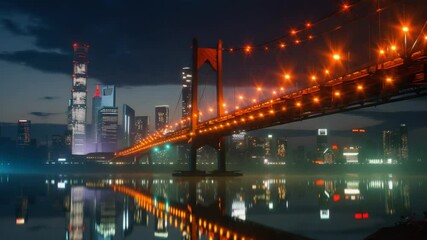 Poster - A bridge spanning across a body of water with a city skyline in the background