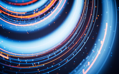 Poster - Rotating glowing vortex lines and particles background, 3d rendering.