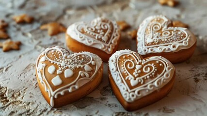 Poster - A close up view of three heart shaped cookies on a table
