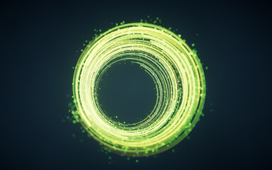 Poster - Rotating glowing green vortex lines and particles background, 3d rendering.