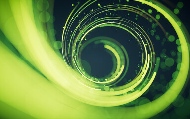 Poster - Rotating glowing green vortex lines and particles background, 3d rendering.