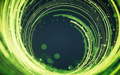 Poster - Rotating glowing green vortex lines and particles background, 3d rendering.