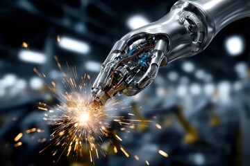 Poster - Robotic hand welding metal and creating sparks in a manufacturing environment