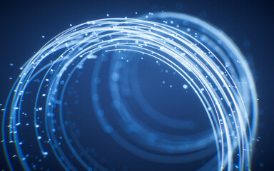 Poster - Rotating glowing vortex lines and particles background, 3d rendering.