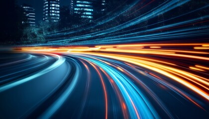 Poster - Abstract Motion Blur of Night City Streets with Neon Lights Creating Dynamic Urban Traffic Scenes