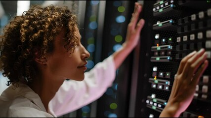 Poster - Technician working on server maintenance in a modern data center during a late night shift