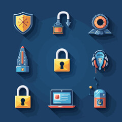 Fototapete - Cybersecurity icons:  A collection of flat-design illustrations depicting digital security elements.