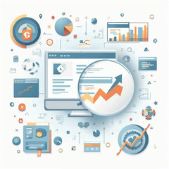 Fototapete - A computer screen surrounded by various charts and data visualizations, illustrating growth.
