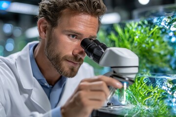 Poster - Scientist examining aquatic plants under a microscope in a laboratory setting