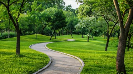Poster - A serene scene of a park pathway surrounded by lush greenery, suitable for use in travel or outdoor adventure related content