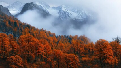Poster - A scenic landscape with trees having vibrant orange leaves and a majestic mountain in the background