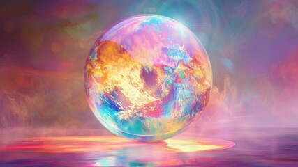 Poster - A vibrant sphere floats on the surface of calm water, perfect for use in illustrations about nature, science, or abstract concepts