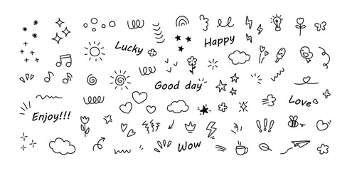 Poster - A collection of handdrawn doodles including stars hearts and words like Happy and Love