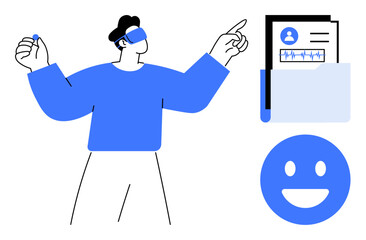 Poster - Man in VR headset gesturing at holographic data, open folder with profile metrics, smiling face. Ideal for technology, augmented reality, innovation, healthcare, digital profiling, data