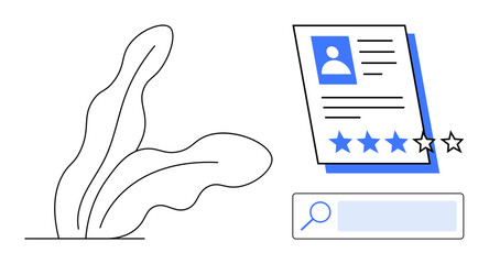 Poster - User profile with photo, details, and rating stars alongside a search bar and abstract plant. Ideal for recruitment, feedback, rating system, user analysis, talent search, HR tools simple landing