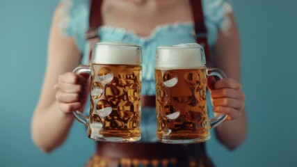 Aufkleber - A woman holding two mugs of beer