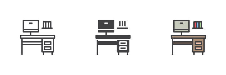 Aufkleber - Office workstation icon set in line, solid and filled outline style