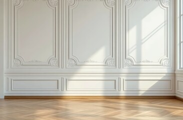 Poster - Sunlight casts shadows on an ornate, white paneled wall above a polished wooden parquet floor in a bright, empty room.