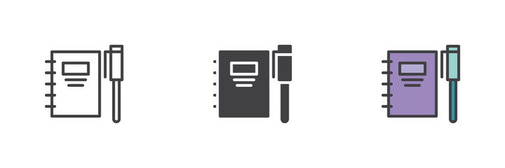 Aufkleber - Notebook and pen icon set in line, solid and filled outline style