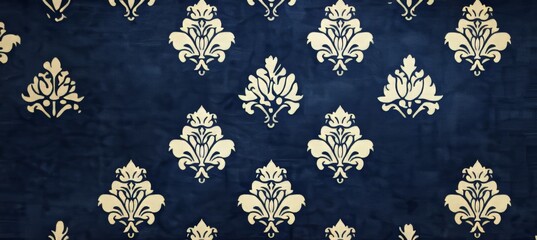 Poster - Elegant Deep Navy Backdrop Featuring Creamy Damask Texture, Luxurious Textile Design for Home Decor