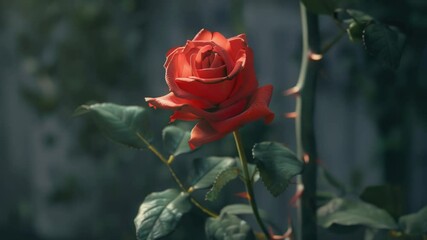 Poster - A single red rose grows among green leaves in a garden, perfect for decorative or editorial use