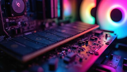 Aufkleber - Close-up shot of computer components. CPU, motherboard, RAM and other tech parts. Electronic circuit board with processors, chips and other hardware inside PC. Tech components in neon colors.