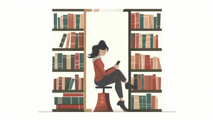 Aufkleber - A woman sits on a stool in front of a bookshelf, reading a book