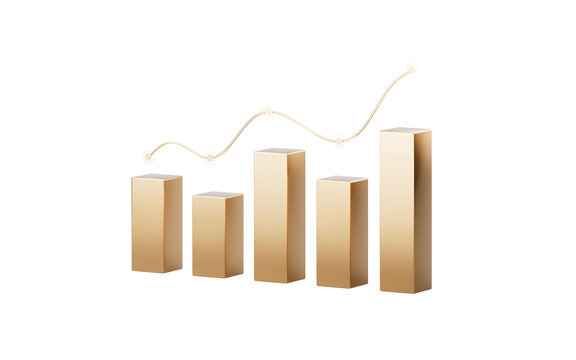Golden bar graph with growth trend, 3d rendering.