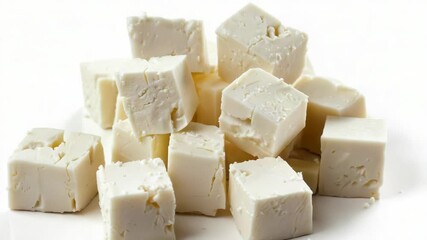 Poster - A pile of stacked white cheese cubes for use in food photography, recipes, or as a decorative element