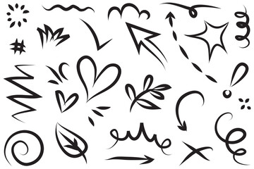 Poster - Assorted handdrawn black sketches including arrows hearts stars and abstract shapes on a white background