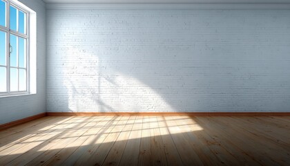 Poster - Bright Empty Room with White Brick Wall and Wooden Floor flooded with Natural Light. Architecture