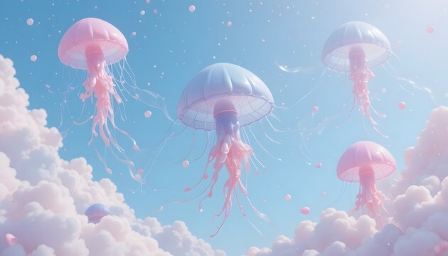 3d rendered jellyfish floating on dreamlike sky