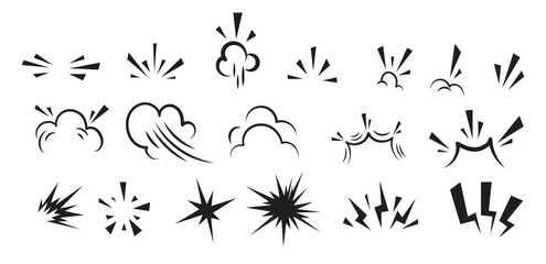 Poster - Black and white vector graphic with cartoonish bursts clouds and star shapes in varied arrangements
