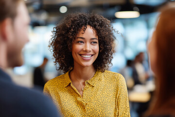 Poster - A woman with curly hair is smiling at the camera