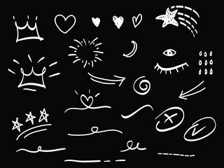 Poster - Black background with white doodles of crowns hearts stars arrows eyelashes and spirals