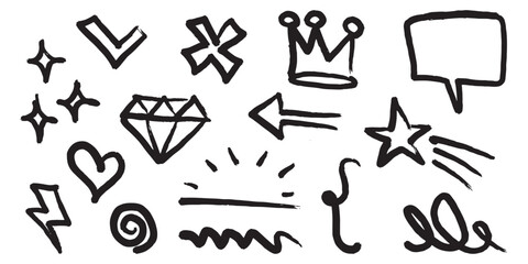 Poster - Black ink doodles of a star diamond heart crown arrow speech bubble and other symbols