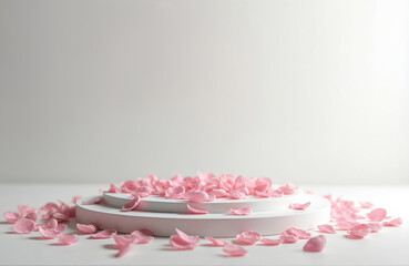 Poster - Minimalist white platform with pink rose petals. Ideal display for product presentation. Empty stage, showcase product. Clean background, soft colors, romantic feel. Empty space for text, ads.