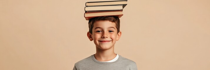 Poster - Cheerful schoolboy balancing a stack of books on his head, embodying the spirit of education and the excitement of back to school preparations while radiating joy and enthusiasm