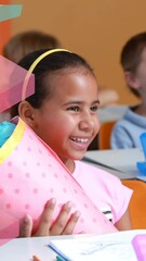 Poster - Animation of books moving over happy school children in classroom