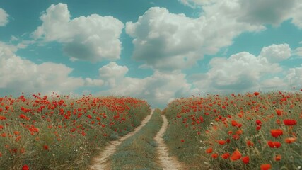 Poster - A scenic view of a field of red flowers with a dirt road running through it