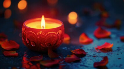 Poster - A lit candle surrounded by soft pink rose petals