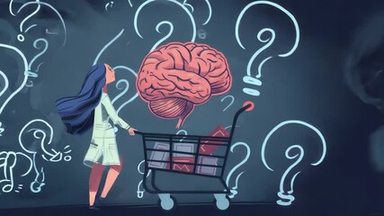 Poster - A woman pushing a shopping cart with a brain drawn on it, useful for education or healthcare related concepts