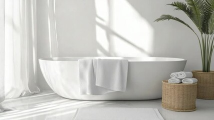 Poster - A white bathtub sits next to a plant in a bathroom, perfect for a relaxing space or wellness-themed context
