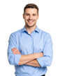 © TransPicHub - A smiling young man with short hair wearing a light blue button-up shirt stands confidently with his arms crossed.