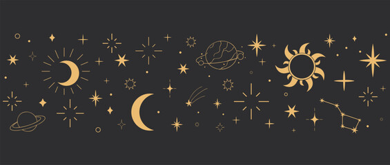 Wall Mural - Magical sun and moon icons in vintage silhouette style. Use in spiritual artwork, boho logos, or mystic tattoos.