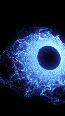 Poster - Abstract glowing blue sphere surrounded by energetic particle waves on a dark background