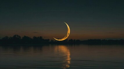 Poster - A crescent moon shines brightly over a calm body of water, suitable for use in editorial or commercial contexts